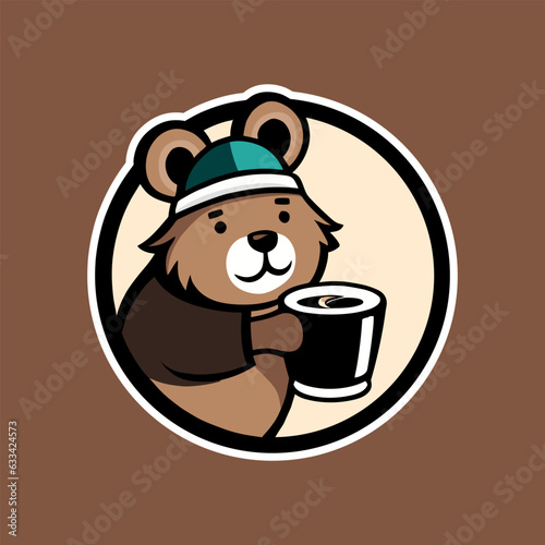 Bear holding cup of a coffee tea cartoon character with cute face icon, Bear mascot vector logo illustration doodle symbol
