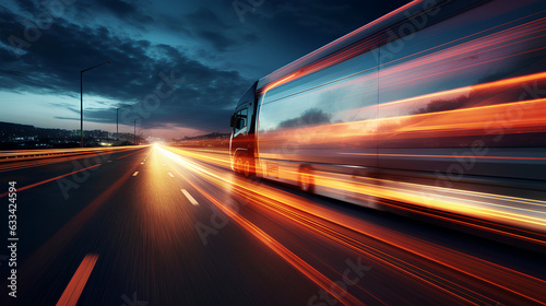 Bus driving on highway at night, car headlight light trail speed motion blur, futuristic logistic transportation background