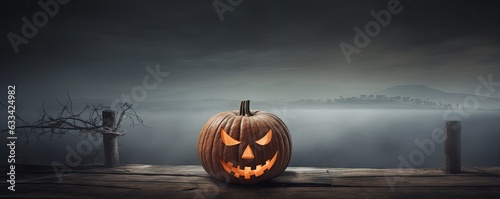 A beautifully carved pumpkin on a rustic wooden table
