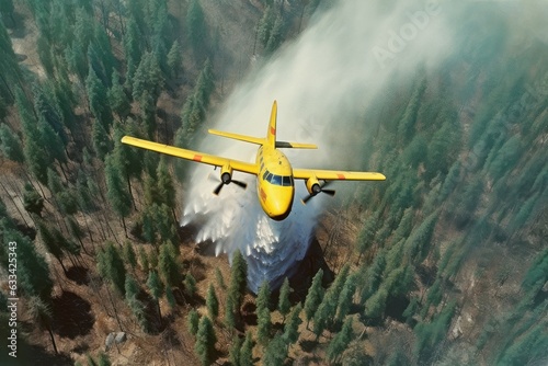Rescue firefighting aircraft extinguish a forest fire by dumping water on a burning coniferous forest. Saving forests, fighting forest fires. Bird's-eye top view, pine forest backdrop. 3D rendering.