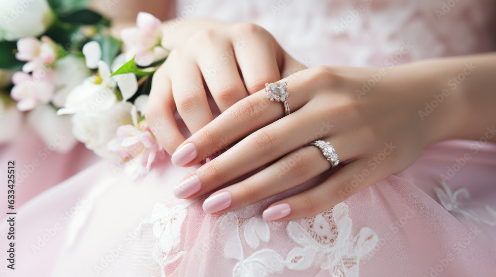 Beautiful female hands with manicure close-up, modern stylish wedding nail design, hands of the bride, generative ai Beautiful female hands with manicure close-up, modern stylish wedding nail design, hands of the bride, generative ai