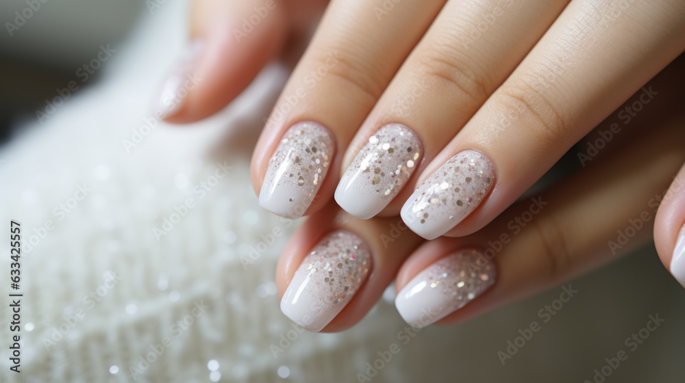 Fototapeta premium Beautiful female hands with manicure close-up, modern stylish wedding nail design, hands of the bride, generative ai