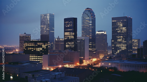 Illuminated city skyline glows in the twilight photography. Generative AI