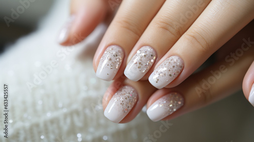 Canvastavla Beautiful female hands with manicure close-up, modern stylish wedding nail desig