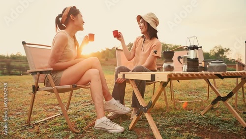 young pretty Asian woman  enjoy camping