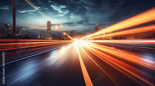 Van driving on highway at night, car headlight light trail speed motion blur,futuristic logistic transportation background
