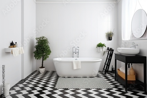 The bathroom has a white tiled wall with a checkered pattern on the floor. The walls are made of ceramic bricks and the floor tiles Mockup Of mosaic design. Both the bathroom and kitchen have clean photo