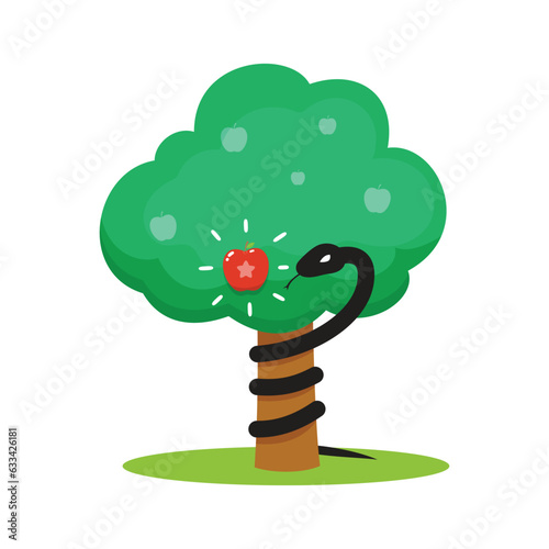 An apple tree and black snake. Isolated Vector Illustration