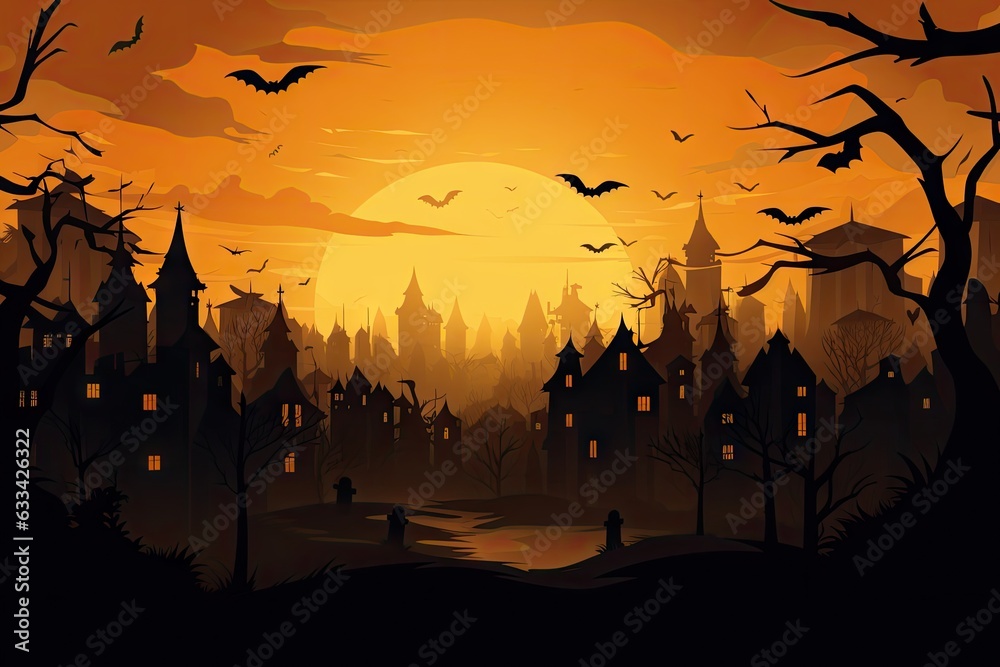 Bats flying over a city at night, creating a spooky Halloween atmosphere