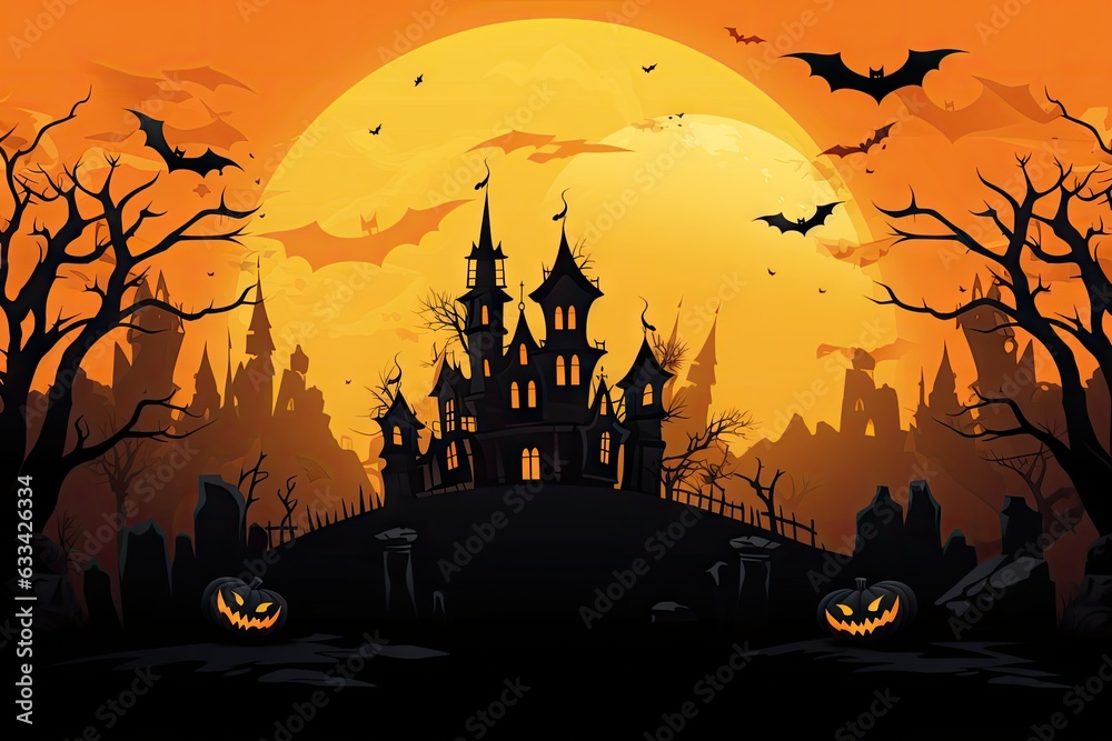 A spooky castle with bats flying around on Halloween night