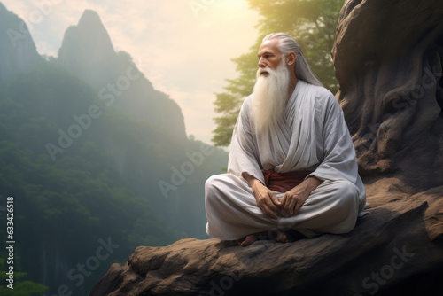 A male monk with a long white beard is sitting on a rock. Buddha, the Guru Purnima festival.