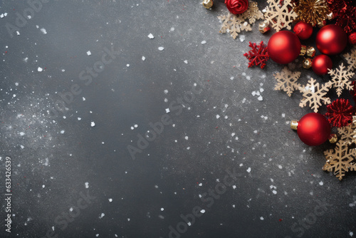 Snowfall Gray Background with Gold and Red Snowflake Ornaments on Right Side  Generative AI