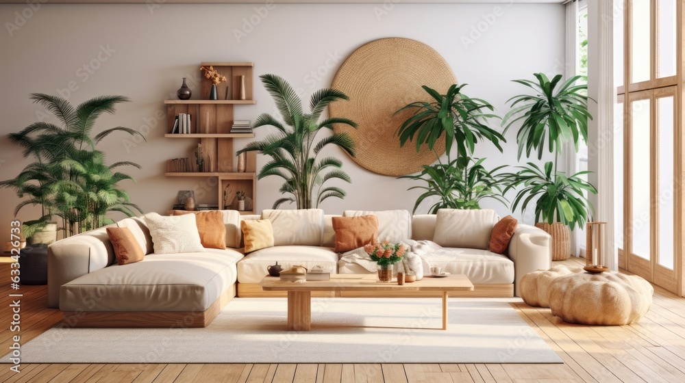 Cozy elegant boho style living room interior in natural colors. Comfortable corner couch with cushions, many houseplants, wooden coffee table, shelving, rug on wooden floor, home decor. 3D rendering. Cozy elegant boho style living room interior in natural colors. Comfortable corner couch with cushions, many houseplants, wooden coffee table, shelving, rug on wooden floor, home decor. 3D rendering.