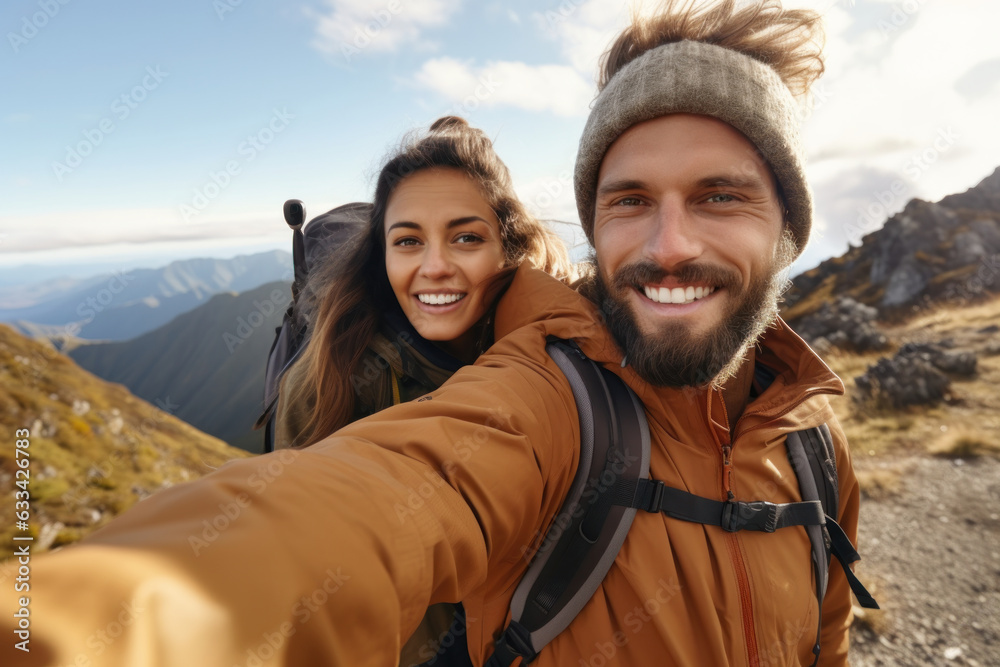 Happy couple takes mountain selfie amidst nature's beauty