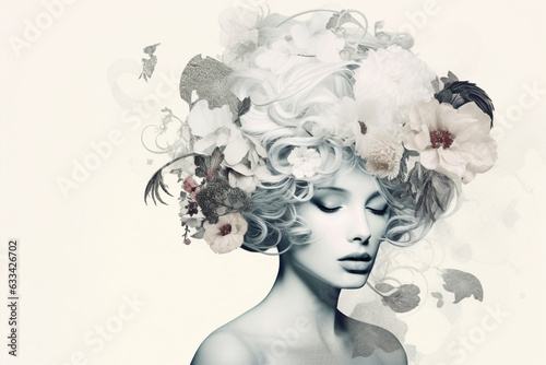 Charming woman collage portrait illustration made by generative ai technology digital art flowers haircut lady isolated on white background