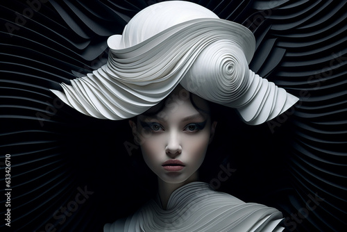 Portrait of elegant young girl collage illustration generative ai image white clothes surreal hat isolated over drawn dark background