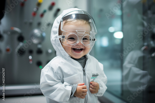 Generative ai collage image of cute baby scientist having innovative research study  cure dangerous virus photo