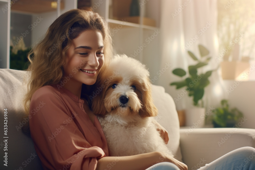 A joyful young European woman is spending time with her dog at home on the couch. A joyful young European woman is spending time with her dog at home on the couch.