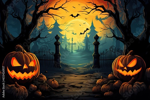 A spooky Halloween scene with glowing jack-o-lantern pumpkins photo