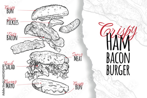 Vector line art hand drawn burger with bacon, pickles, lettuce, bacon, bread for menu design of a restaurant or pub. Black line art with typography on a white background.