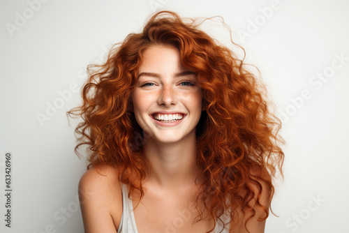 Generative AI closeup portrait of amazing young red hair woman attractive appearance isolated over colorful background photo