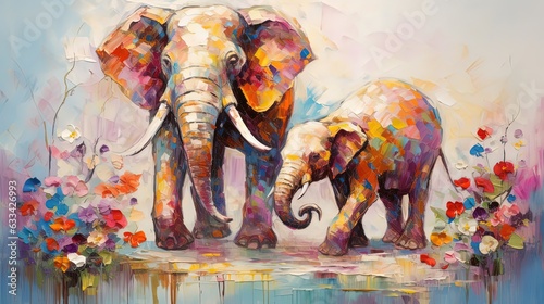 painting style illustration of cute elephant family mom and baby walking in flower field, Generative Ai