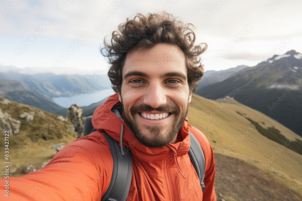 Smiling hiker captures selfie on mountaintop; nature's beauty as backdrop