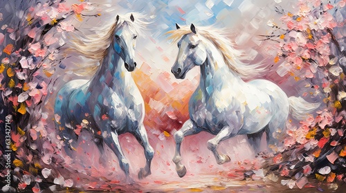 painting style illustration of happy two white horses running together in flower blossom field, Generative Ai