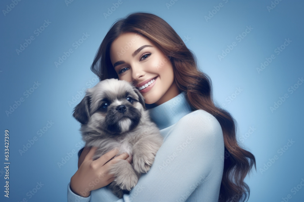 A young attractive dark-haired woman is hugging a dog in her arms against a blue background. A young attractive dark-haired woman is hugging a dog in her arms against a blue background.