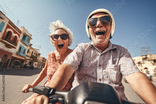 Happy excited elderly couple of tourists riding a scooter down the Arab city street. Travel retirement concept. AI generated. © serperm73