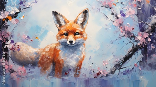 painting style illustration of cute red fox on flower blossom branch, happy animal life, Generative Ai © QuietWord