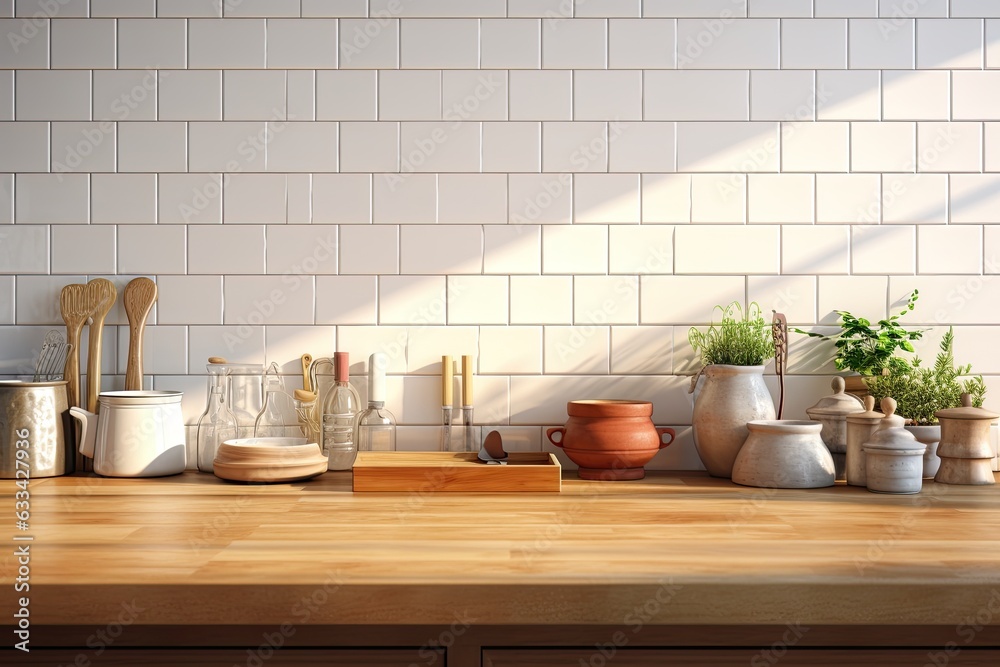 Closeup of a rendered empty space on a gorgeous wooden kitchen counter, adorned with stylish kitchenware and culinary items. The backdrop consists of square white ceramic wall tiles, illuminated by Closeup of a rendered empty space on a gorgeous wooden kitchen counter, adorned with stylish kitchenware and culinary items. The backdrop consists of square white ceramic wall tiles, illuminated by