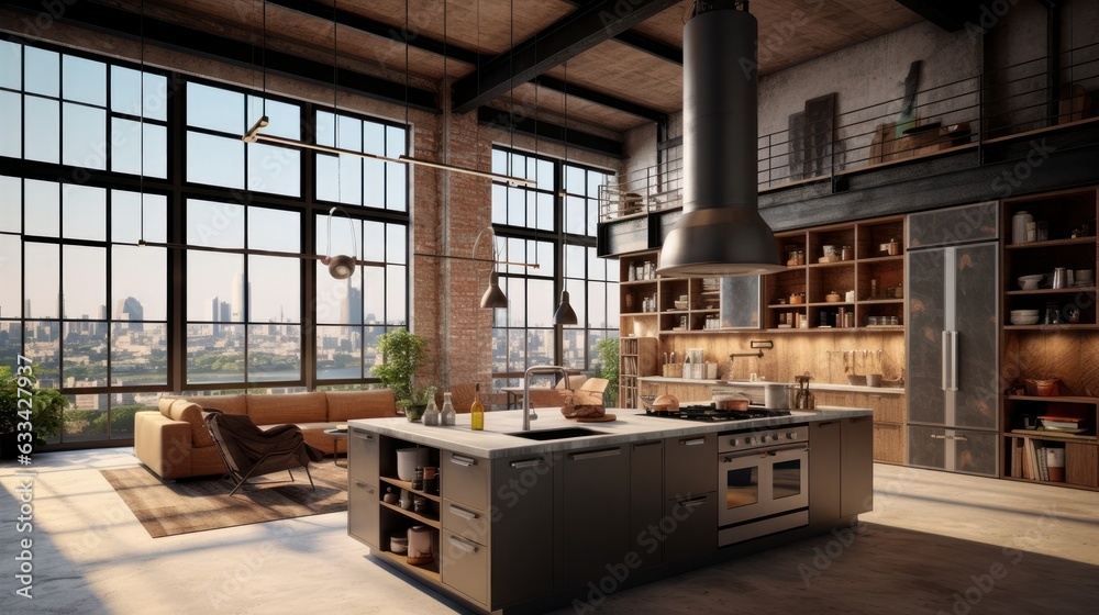 Luxury loft style studio apartment with a free layout in dark colors. Stylish modern kitchen with island, cozy living area with sofa, floor-to-ceiling windows with stunning city view. 3D rendering. - obrazy, fototapety, plakaty 