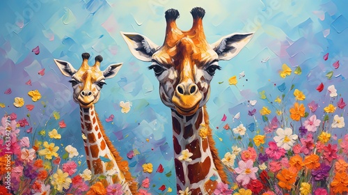 painting style illustration of cute two giraffe in flower garden, Generative Ai