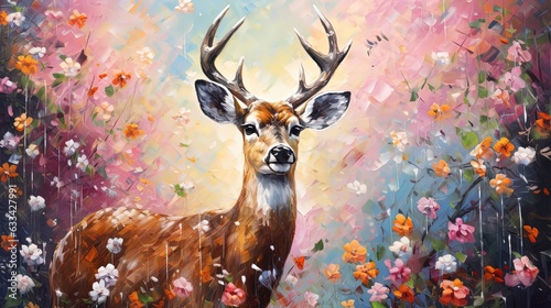 Photographie painting style illustration of deer in flower garden, Generative Ai