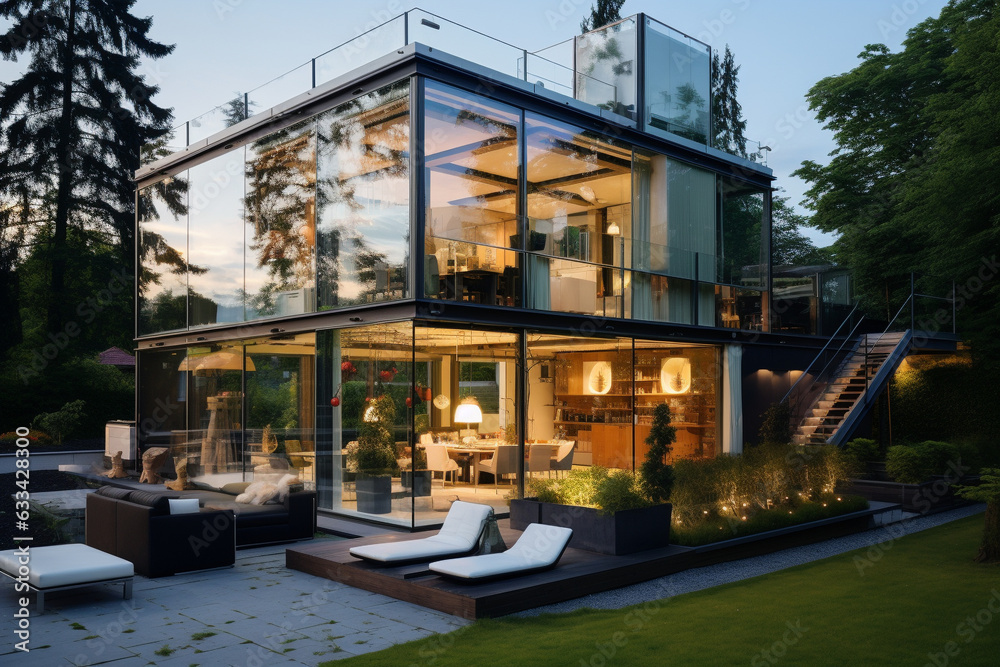 Residential building with glass walls on the banks of the river. Fully transparent house with furniture and interior lighting.