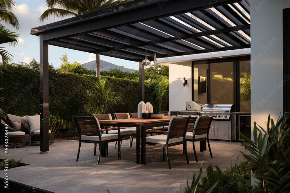 Cozy patio with sofas and a table. Pergola shade over patio.