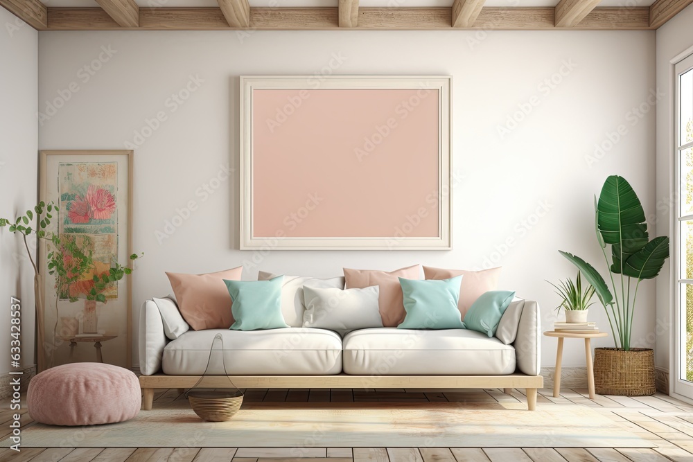 A representation of a room with an interior background, featuring a mockup frame. The room is decorated in a light pastel color palette, showcasing a ScandiBoho style. A representation of a room with an interior background, featuring a mockup frame. The room is decorated in a light pastel color palette, showcasing a ScandiBoho style.