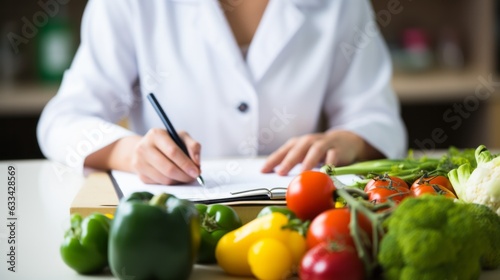 Diet Analysis: Nutritionist Writing Next to Fresh Produce. Close-up of a nutritionist's hands writing a diet plan with fresh produce in the foreground.