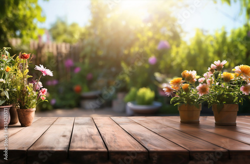 wooden table top with flowers on garden background artificial intelligence
