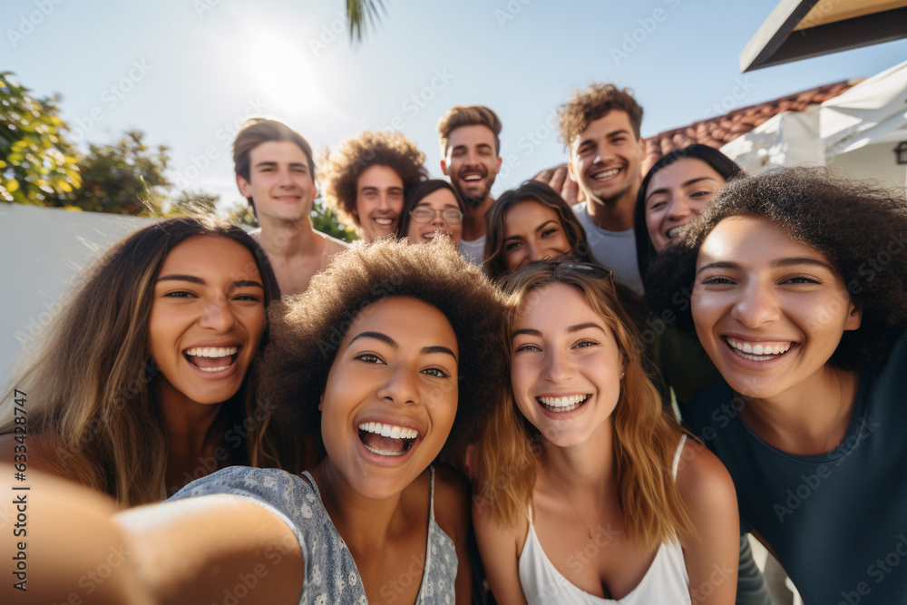 A group of friends takes a selfie, wide angle view. A group of friends takes a selfie, wide angle view.