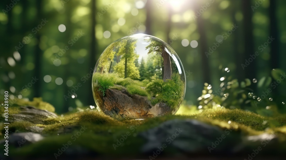 Transparent crystal sphere in a green forest filled with sunlight. Grass, trees and water are reflected in the glass globe. Protection of water resources concept. Environmental care. 3D rendering.