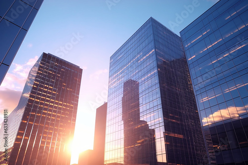 Modern corporate office buildings made of glass and steel. Low angle view.