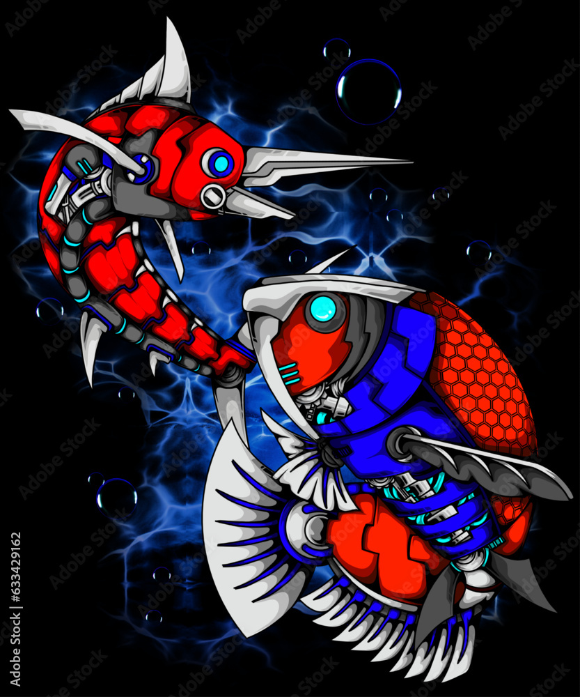 illustration design of a marlin shark fight and a robot body arowana illustration design of a marlin shark fight and a robot body arowana