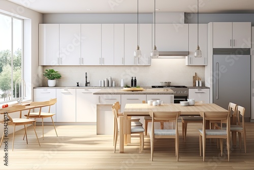 A rendering of a contemporary kitchen with white cabinets is shown, featuring a gas stove and a washing sink on a white island counter that connects to a dining table. The image also includes a