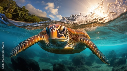 Sea turtle close-up over a coral reef in the Maldives. Travel and vacation background. Design ai
