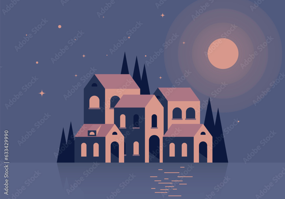 Night landscape with houses near the water. Vector illustration