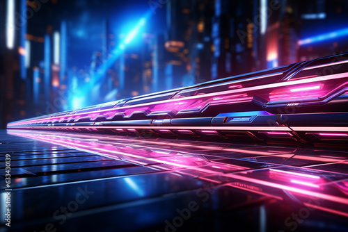 abstract neon Speed and technology concept. Glowing pink blue lines and bokeh lights © Basit