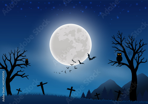 Happy Halloween celebrate theme on night scene background with full moon,bat and graveyard