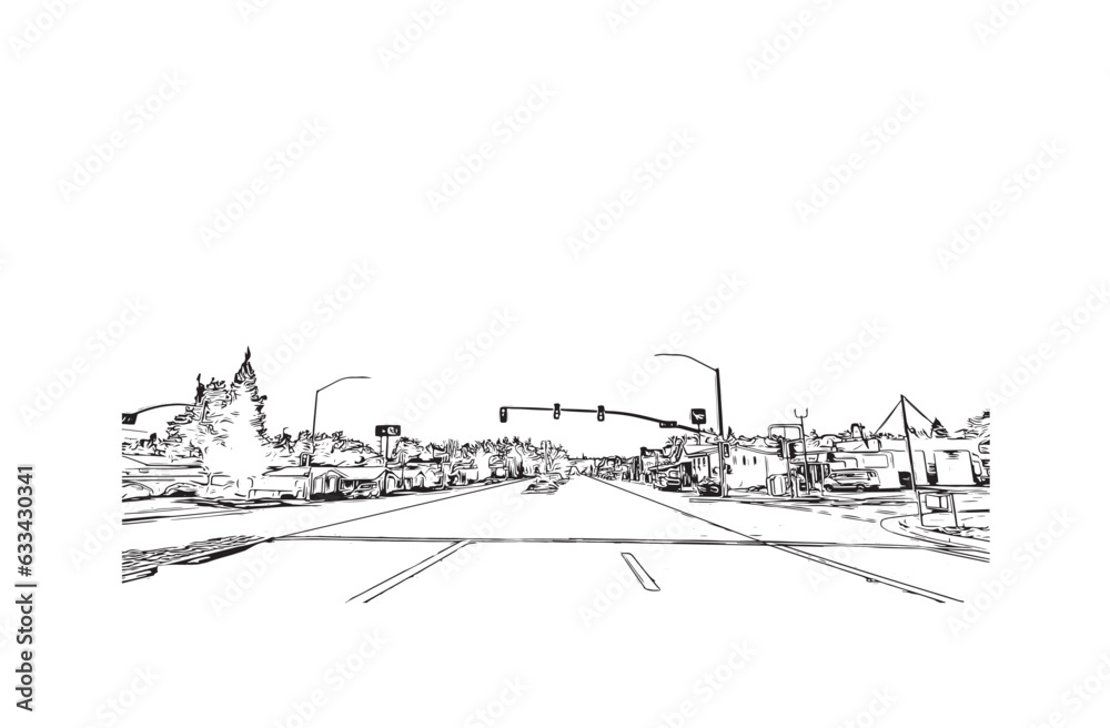 Building view with landmark of Redding
City in California. Hand drawn sketch illustration in vector.